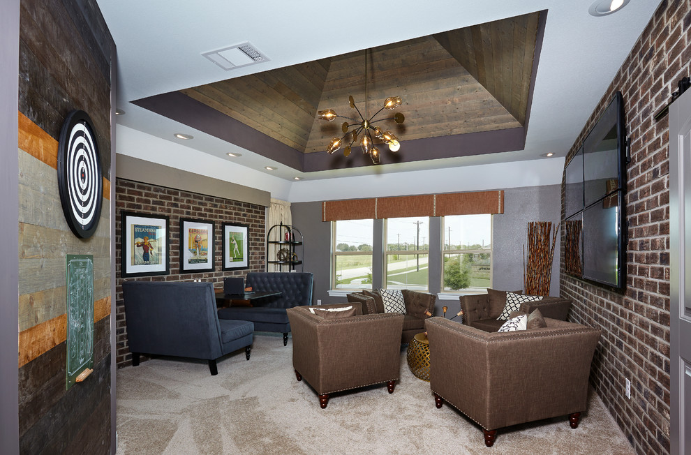 This is an example of a large country loft-style family room in Austin with a game room, grey walls, carpet, a wall-mounted tv and beige floor.
