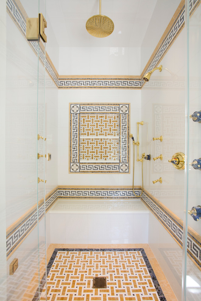 Inspiration for a large mediterranean master bathroom in DC Metro with white tile, stone tile, white walls and mosaic tile floors.