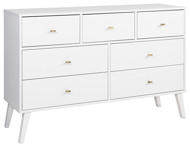 Mid Century Modern Dresser, 7 Drawers With Brushed Brass Knobs, White