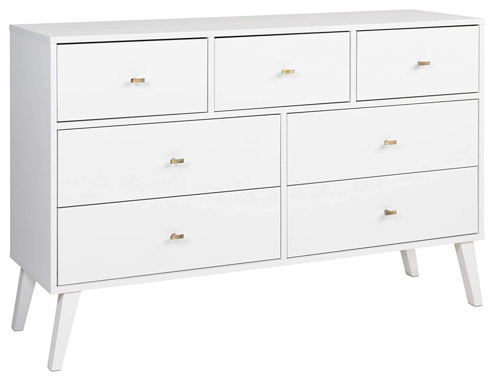 Mid Century Modern Dresser, 7 Drawers With Brushed Brass Knobs, White