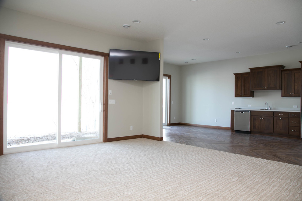 Transitional walk-out basement in Minneapolis with grey walls, carpet and no fireplace.
