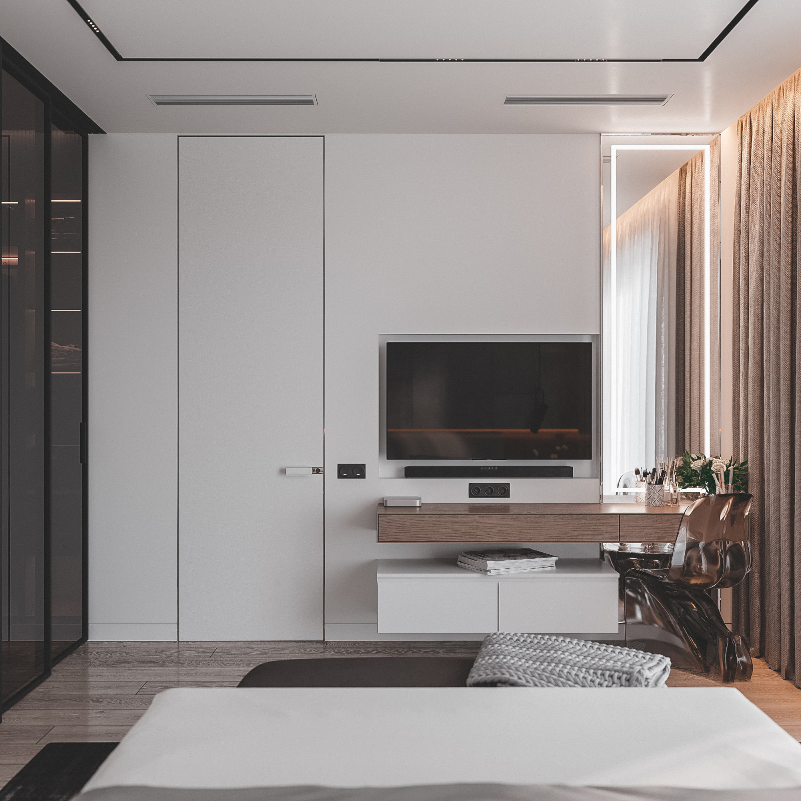 Современная светлая спальня с гардеробом