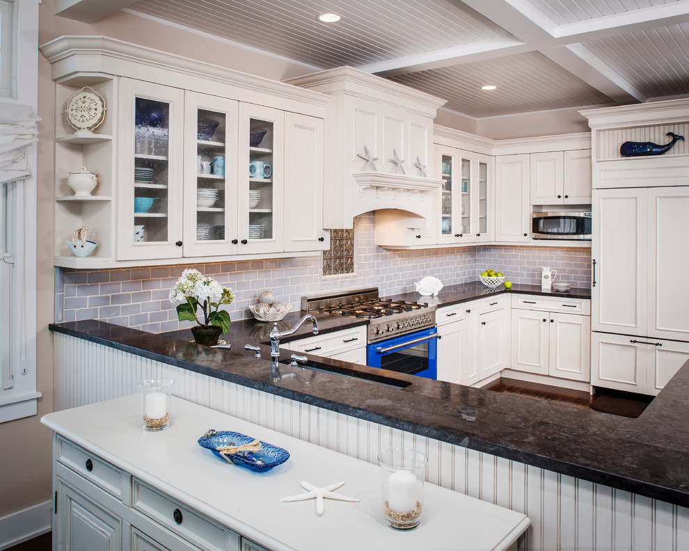 Transitional u-shaped eat-in kitchen in Other with recessed-panel cabinets, white cabinets, an undermount sink, granite benchtops, blue splashback, subway tile splashback, panelled appliances, blue benchtop and coffered.