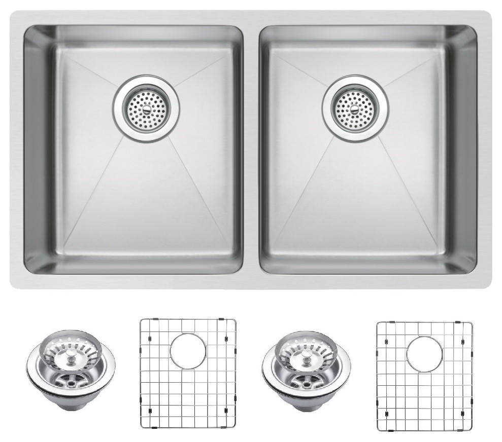 50/50 Double Undermount Sink With Coved Corners, Drain, Strainers
