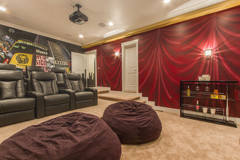 Large transitional enclosed home theatre in Salt Lake City with multi-coloured walls, carpet and a projector screen.