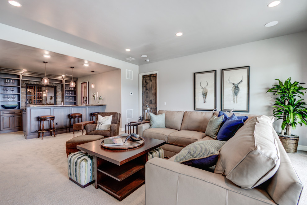 Example of a transitional home design design in Denver