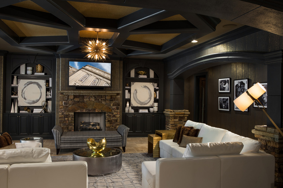 This is an example of a large transitional open concept family room in Atlanta with a music area, black walls, travertine floors, a standard fireplace, a stone fireplace surround, a built-in media wall and beige floor.