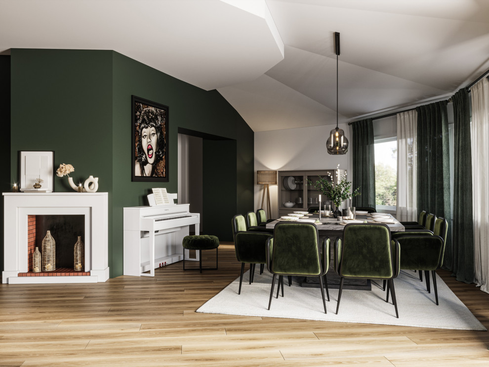 Idée de décoration pour une grande rideau de salle à manger champêtre avec un mur vert, parquet clair, une cheminée standard, un manteau de cheminée en pierre, un sol beige et un plafond voûté.