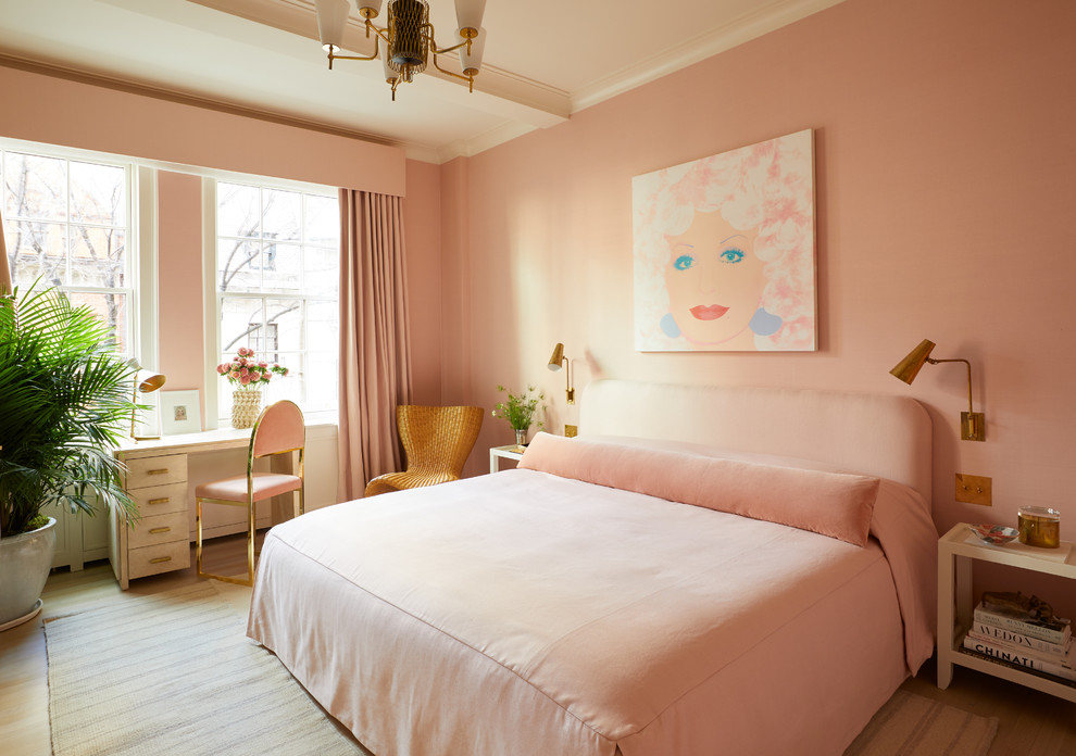 Design ideas for a mid-sized contemporary kids' room for girls in New York with pink walls and light hardwood floors.