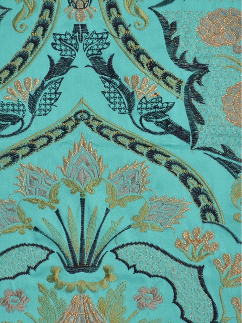 Blue Embroidered Floral Faux Silk Fabrics