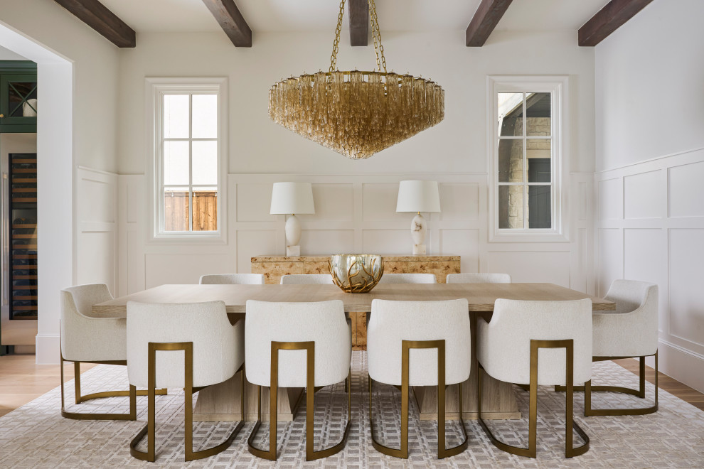 Inspiration for a large transitional light wood floor enclosed dining room remodel in Dallas with white walls