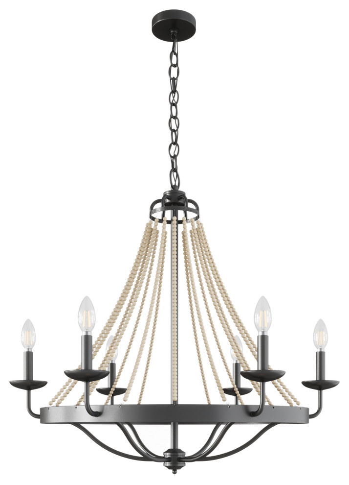 Matte Black Farmhouse Candle Chandelier With Wood Beads Design