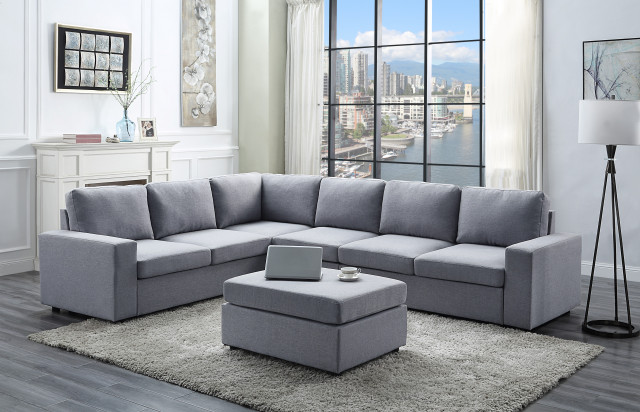 Bayside Light Gray Linen 7 Seat Reversible Modular Sectional Sofa Transitional Sofas By Lilola Home - 7 Seat Sectional Sofa Bayside Light Gray Linen 7 Seat Reversible Modular Sectional Sofa Transitional Sofas By Lilola Home - 7 Seat Sectional Sofa