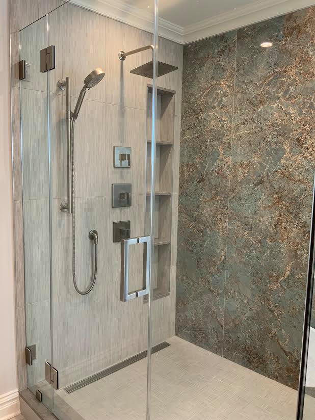 Stunning Transitional Bathroom - Imported Spanish Quartz Slabs & Bamboo Vanity