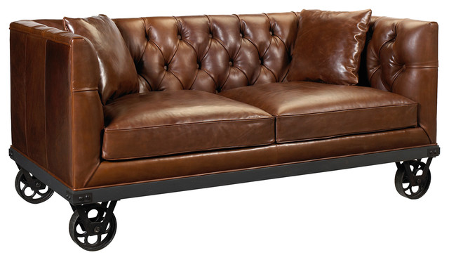 Mouille Industrial Loft Wheels Rich Brown Leather Sofa Transitional Sofas By Kathy Kuo Home