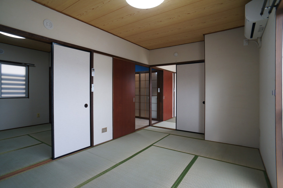 Mid-sized scandinavian master bedroom in Other with white walls, tatami floors, no fireplace and green floor.