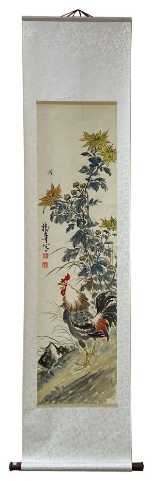 Chinese Color Ink Rooster Flowers Scroll Painting Wall Art Hws1974