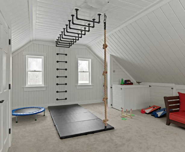 Inspiration for a mid-sized country gender-neutral kids' playroom for kids 4-10 years old in Burlington with white walls, carpet, beige floor, timber and planked wall panelling.