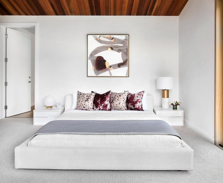デンバーにある中くらいなコンテンポラリースタイルのおしゃれな主寝室 (白い壁、カーペット敷き、暖炉なし)