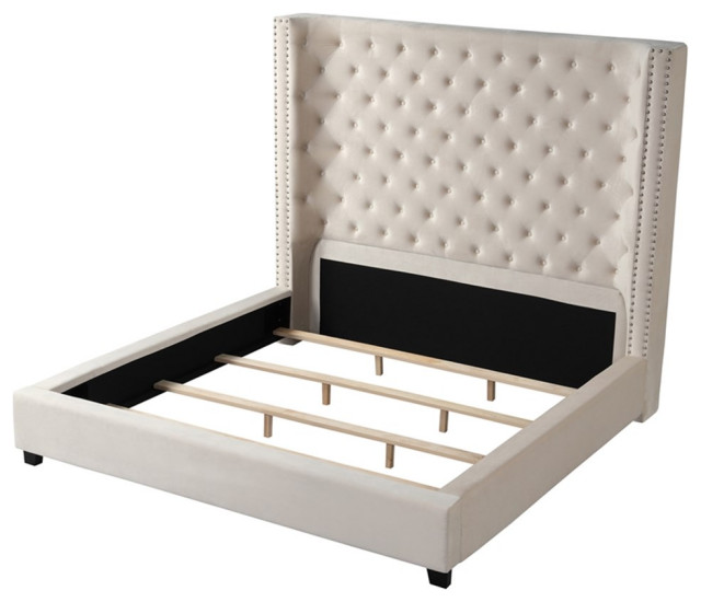 Yvonne Velvet Upholstered Queen Platform Bed in Beige, Queen Size