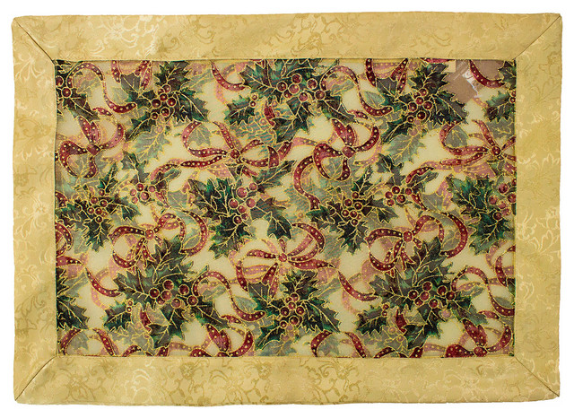 Fennco Styles Holly Ribbon Placemats - Set Of 4 Christmas Table Mats Gold Border