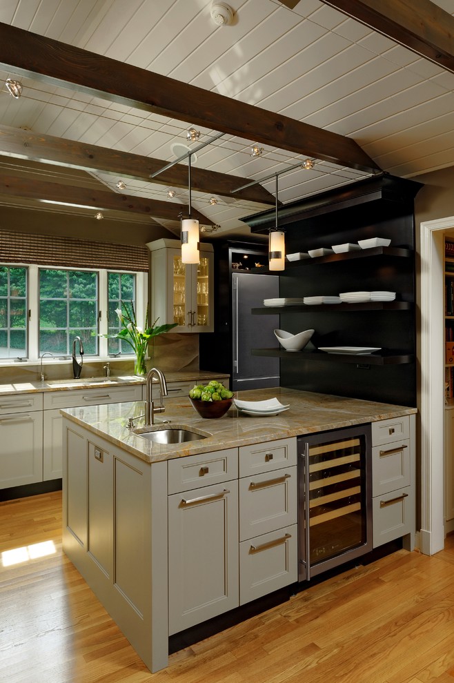 Large transitional l-shaped medium tone wood floor open concept kitchen photo in DC Metro with an undermount sink, recessed-panel cabinets, white cabinets, granite countertops, beige backsplash, stainless steel appliances and an island