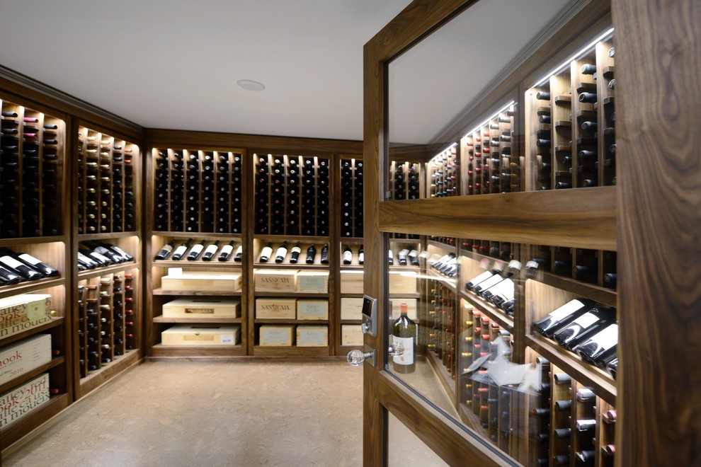 Inspiration for a large modern wine cellar in Other with ceramic floors, storage racks and beige floor.