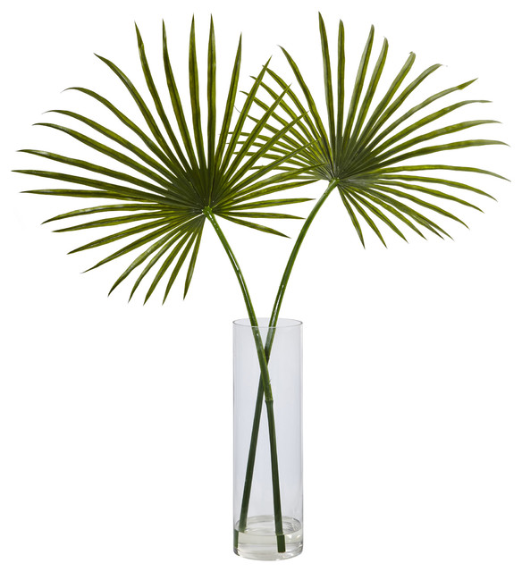 Fan Palm Artificial Arrangement, Glass Vase