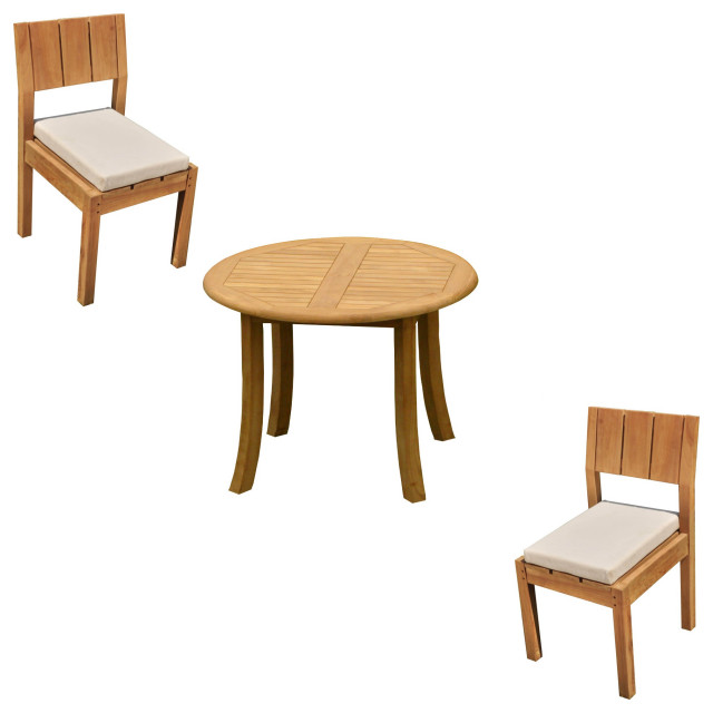 3Piece Outdoor Patio Teak Dining Set 36" Round Table, 2 Vera Armless Chairs Transitional