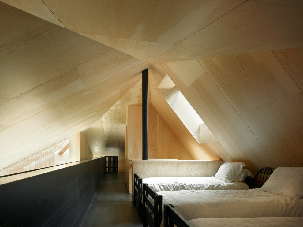 Источник вдохновения для домашнего уюта: спальня среднего размера на антресоли, на мансарде в современном стиле с деревянным полом, черным полом, сводчатым потолком и деревянными стенами