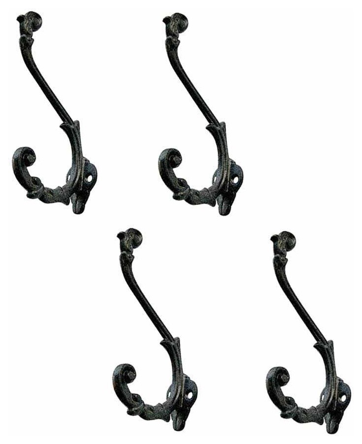 Coat Hooks Black Wrought Iron Double Hook 6-1/2" Set of 4 |