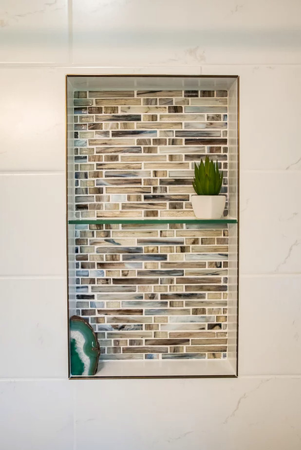 Bathroom - small traditional white tile and ceramic tile ceramic tile, brown floor and single-sink bathroom idea in Minneapolis with shaker cabinets, dark wood cabinets, blue walls, an undermount sink, quartz countertops, white countertops, a niche and a freestanding vanity