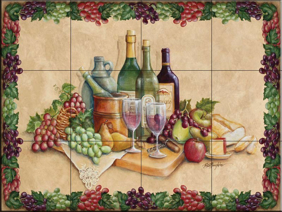 Tile Mural Kitchen Backsplash - Wine Time with Border-RB - by Rita Broughton