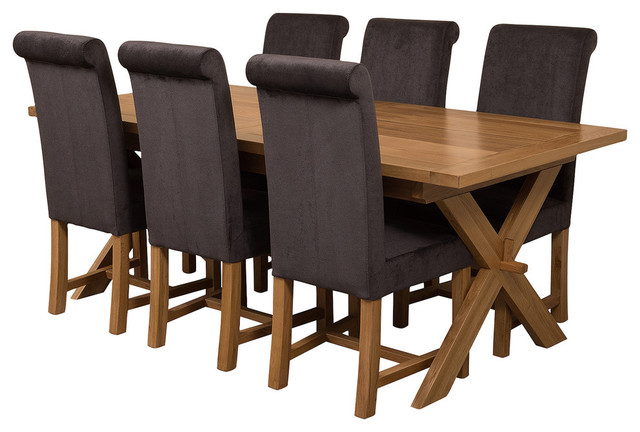 Vermont Oak Extending Dining Table, 6 Washington Chairs, Black Velvet Effect