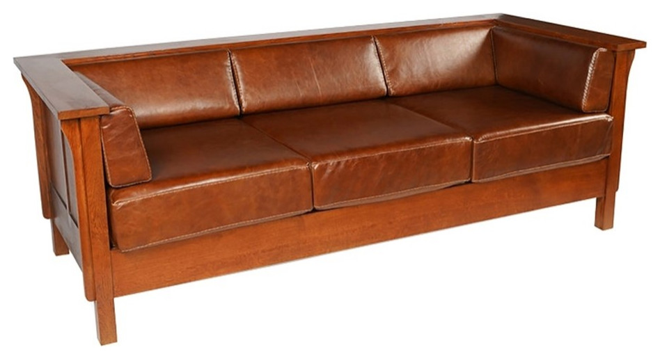 Arts and Crafts / Craftsman Cubic Panel Side Sofa - Chestnut Brown Leather