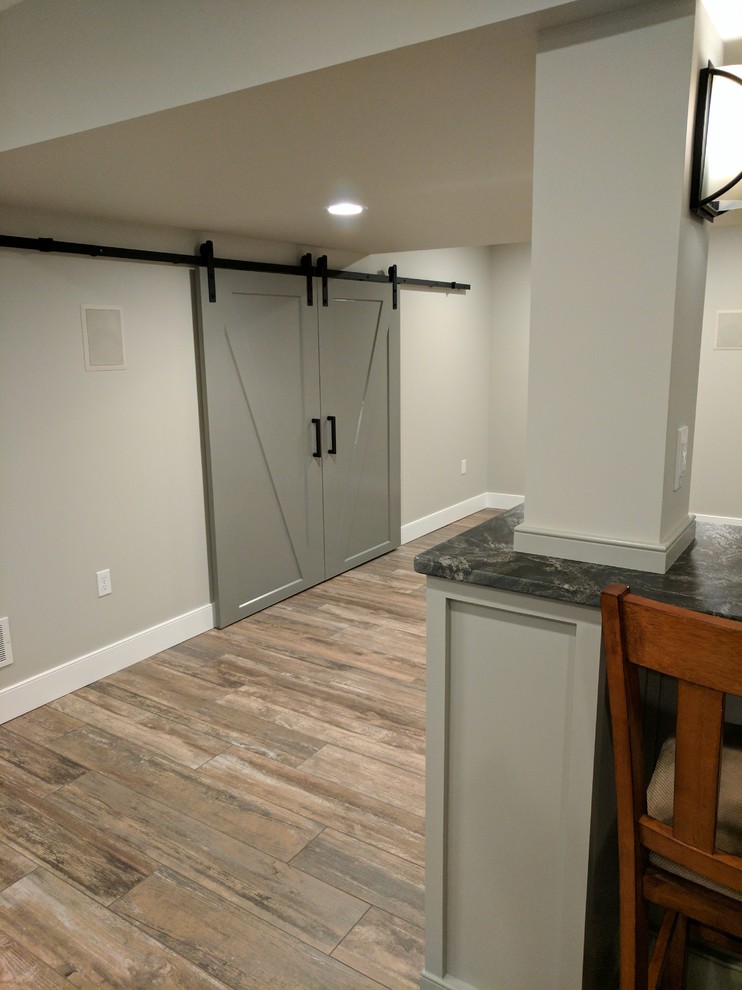 Mid-sized transitional look-out basement in Other with grey walls and porcelain floors.