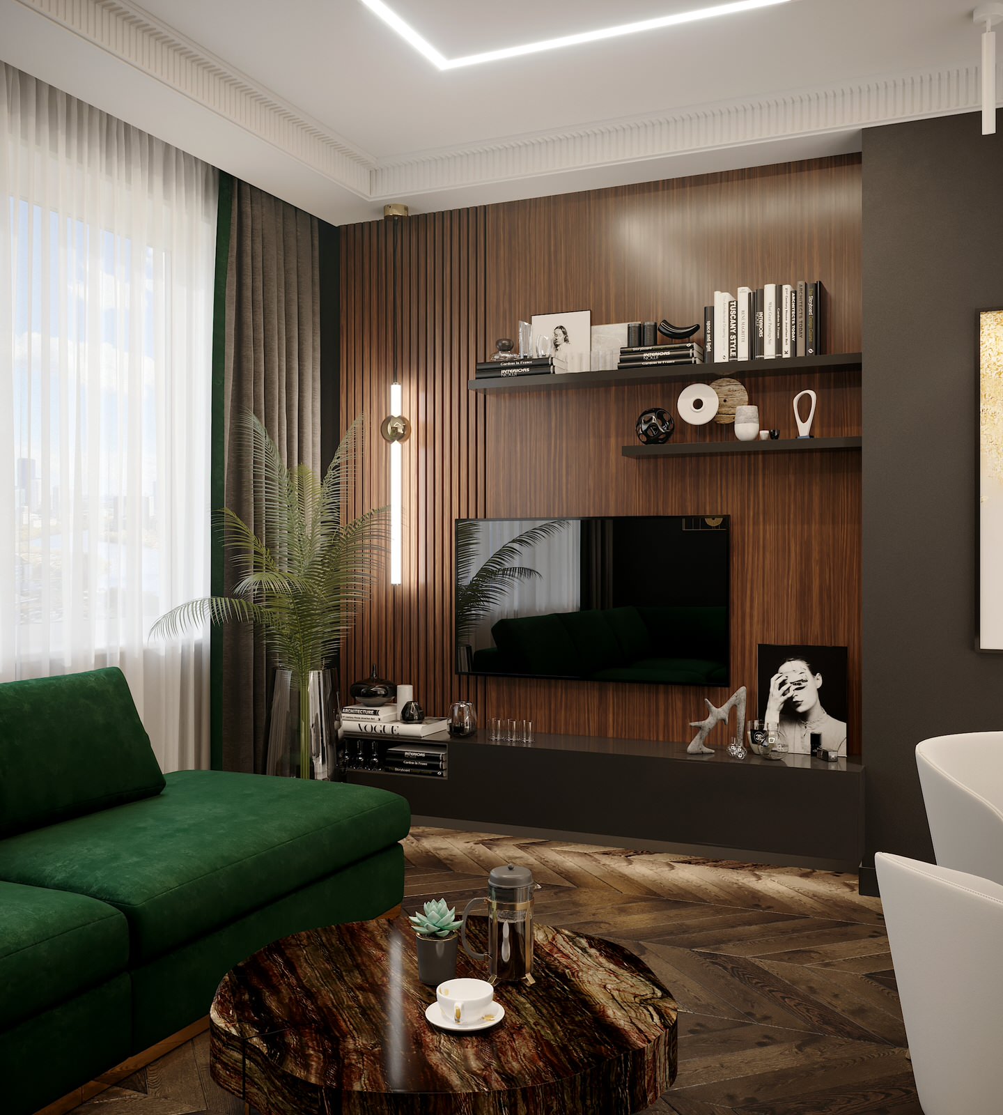 Визуализация гостиной совмещенной с кухней