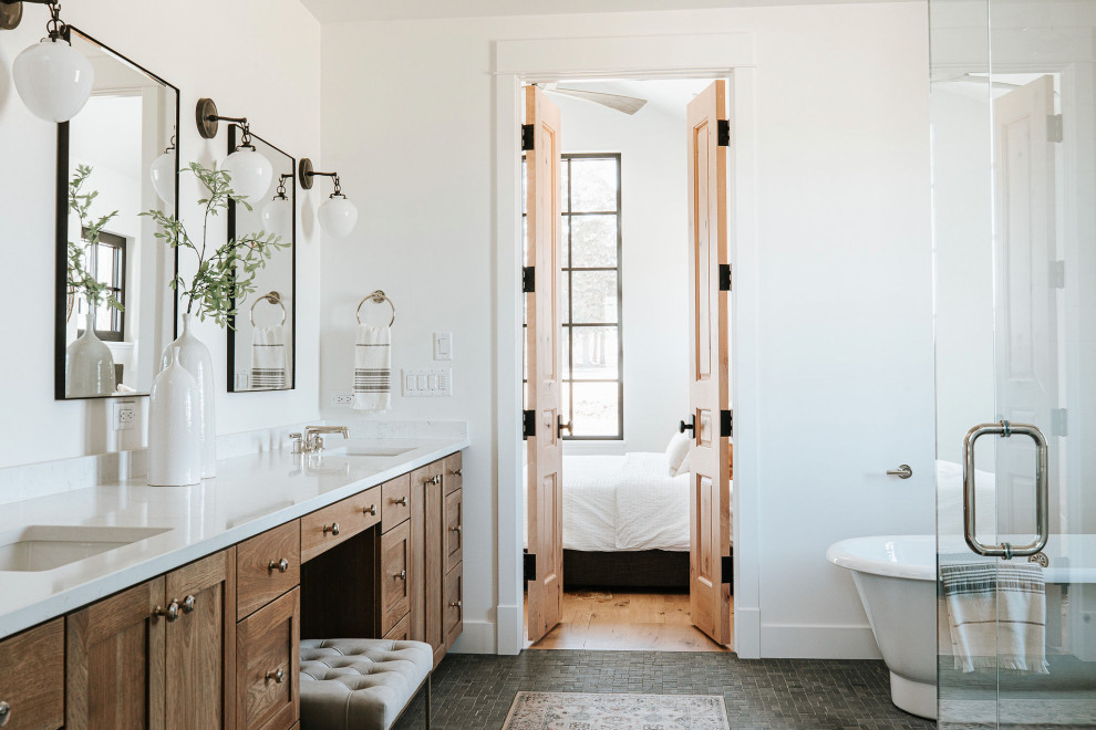 Inspiration for a mid-sized master bathroom in Denver with recessed-panel cabinets, dark wood cabinets, a freestanding tub, a corner shower, white walls, ceramic floors, an undermount sink, engineered quartz benchtops, green floor, a hinged shower door, white benchtops, a double vanity and a built-in vanity.