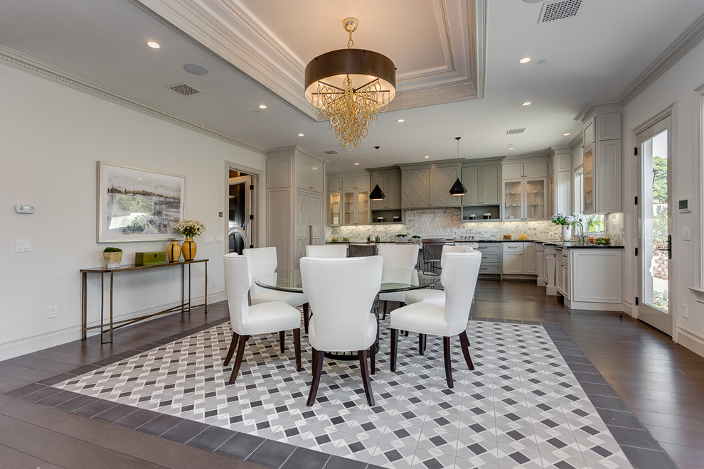 Inspiration for a transitional kitchen/dining combo in Los Angeles with white walls.