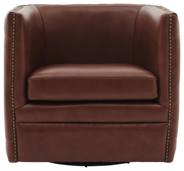 Camari Top Grain Leather Swivel Tufted Chair, Garrett Brown