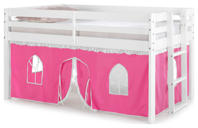 Jasper Twin Junior Loft Bed, White Frame and Pink/White Bottom Playhouse Tent