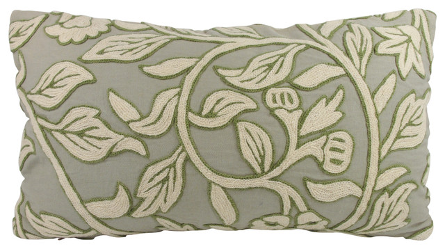 Sage Green Crewel Work Lumbar Throw Pillow with Feather/Down Insert - Contemporary - Decorative ...