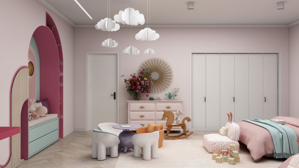 Design ideas for a large modern children’s room for girls in New York with pink walls, light hardwood flooring, beige floors, a drop ceiling and wallpapered walls.