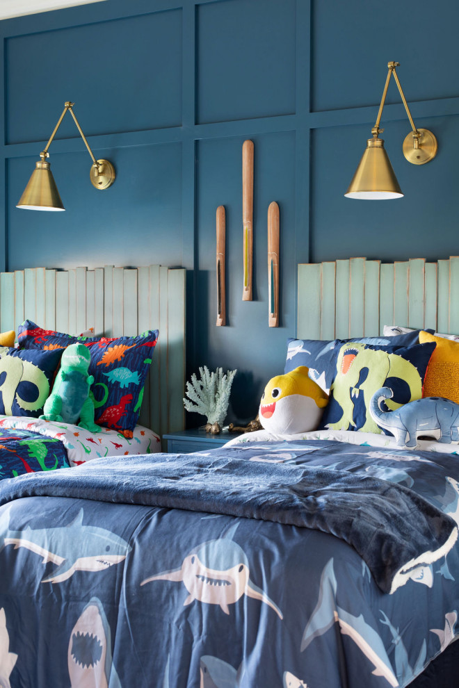 Barker Ridge Drive - Eclectic boy vinyl floor and wall paneling childrens' room photo in Austin with blue walls