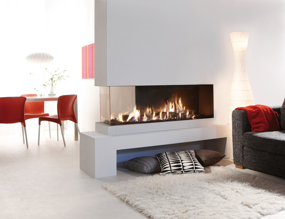 Inspiration for a mid-sized contemporary formal open concept living room in Boston with white walls, a two-sided fireplace, a plaster fireplace surround, white floor, porcelain floors and no tv.