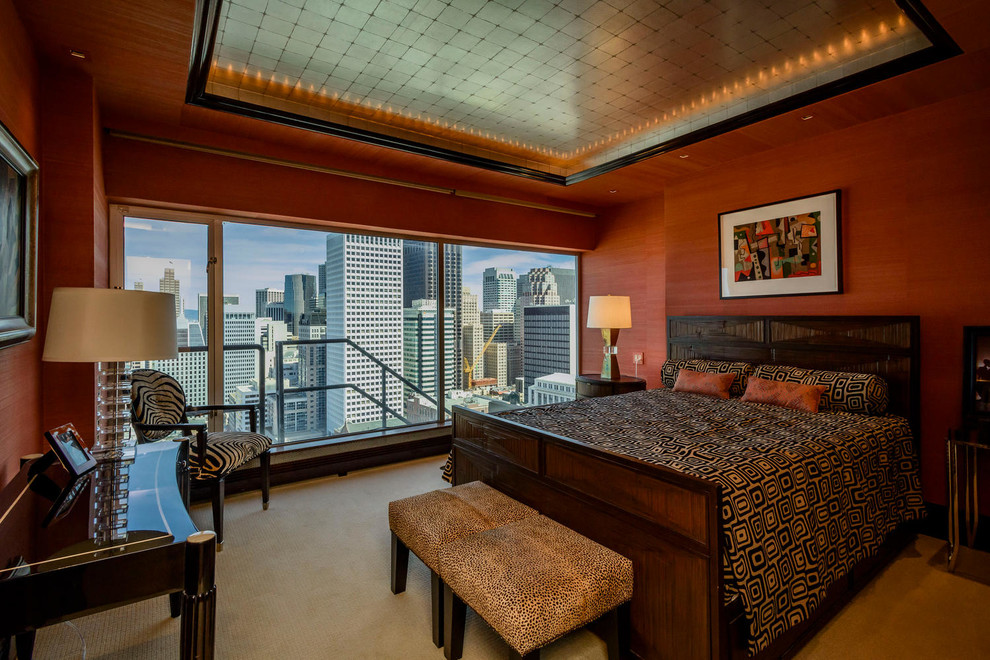 Trendy master carpeted bedroom photo in San Francisco with orange walls