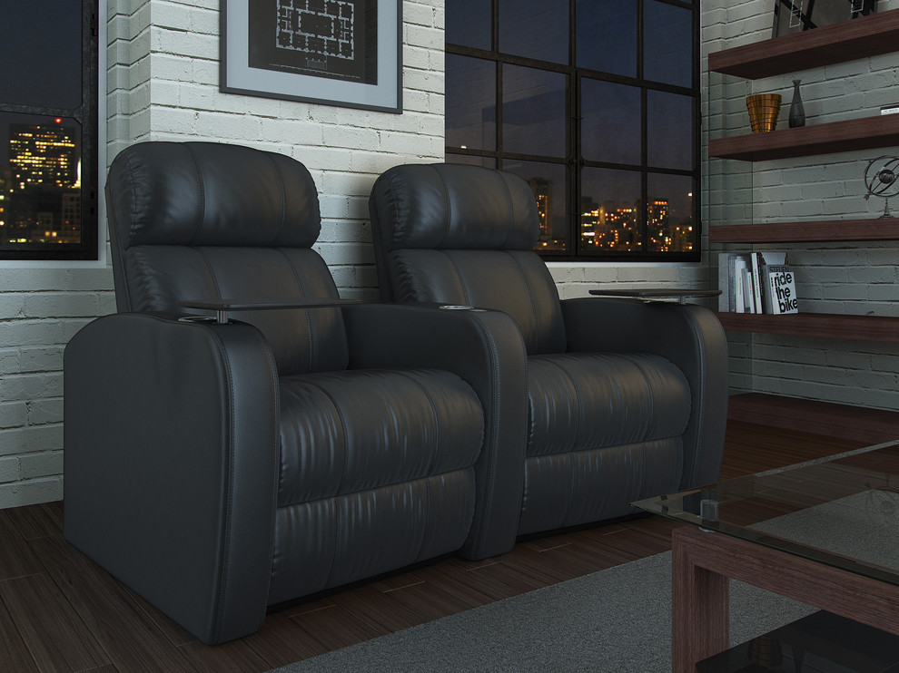 Design ideas for a small modern enclosed home theatre in Miami with white walls and dark hardwood floors.