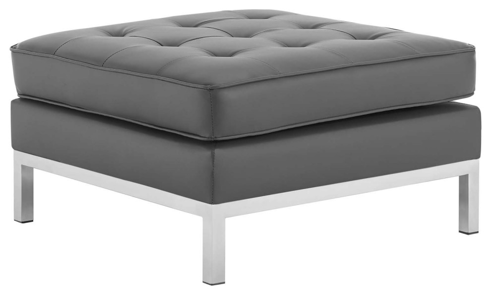 Loft Tufted Button Upholstered Faux Leather Ottoman, Silver Gray