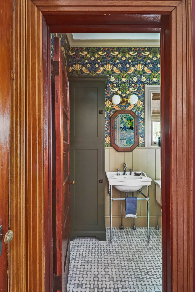 Photo of a small eclectic 3/4 bathroom in Chicago with a one-piece toilet, multi-coloured walls, mosaic tile floors, a console sink, white floor, a single vanity, planked wall panelling, a freestanding vanity, white benchtops, an alcove shower, white tile, subway tile, a shower curtain and a niche.