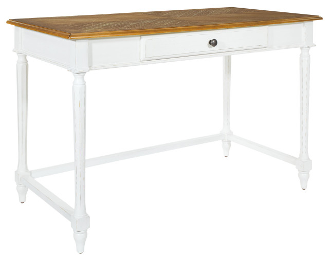 Medford Writing Desk, Distressed White With Stained Top K/D Farmhouse Desks And Hutches by